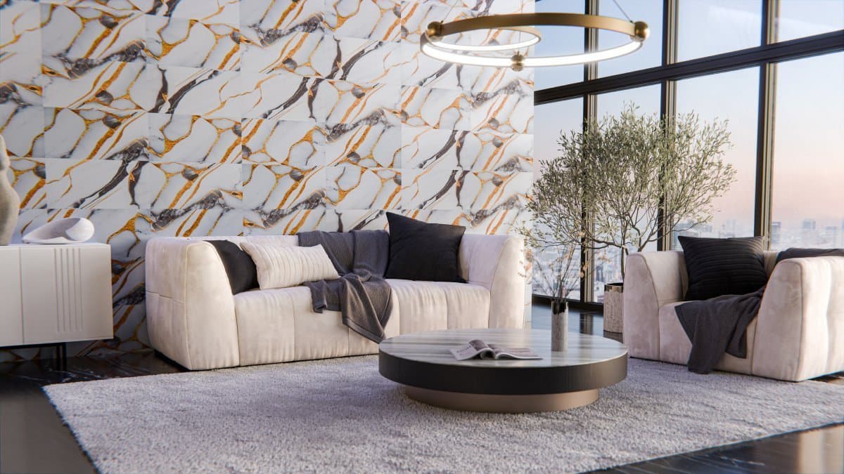 Lot de 240 carreaux décoratifs auto-adhésifs PS-0012 couvrant 43,2 m²- marbre beige et doré