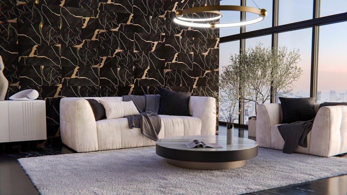 Lot de 240 carreaux décoratifs auto-adhésifs PS-0011 couvrant 43,2 m²- marbre noir et doré