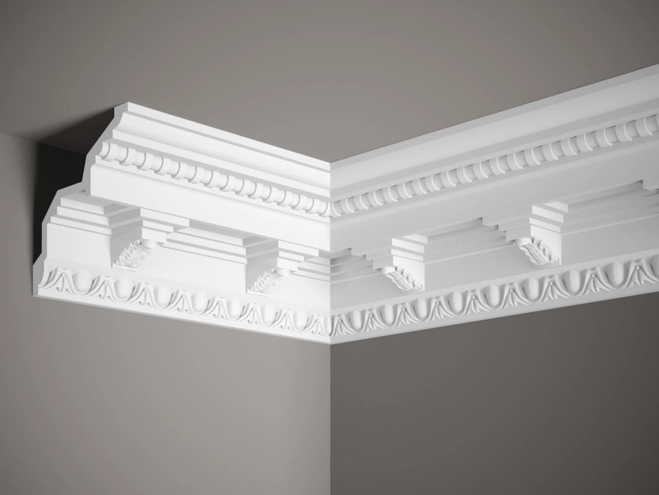 Corniche de plafond blanc mate en Profoam MD067 - L: 200,00 (cm) x H: 13,30 (cm) x P: 13,70 (cm)